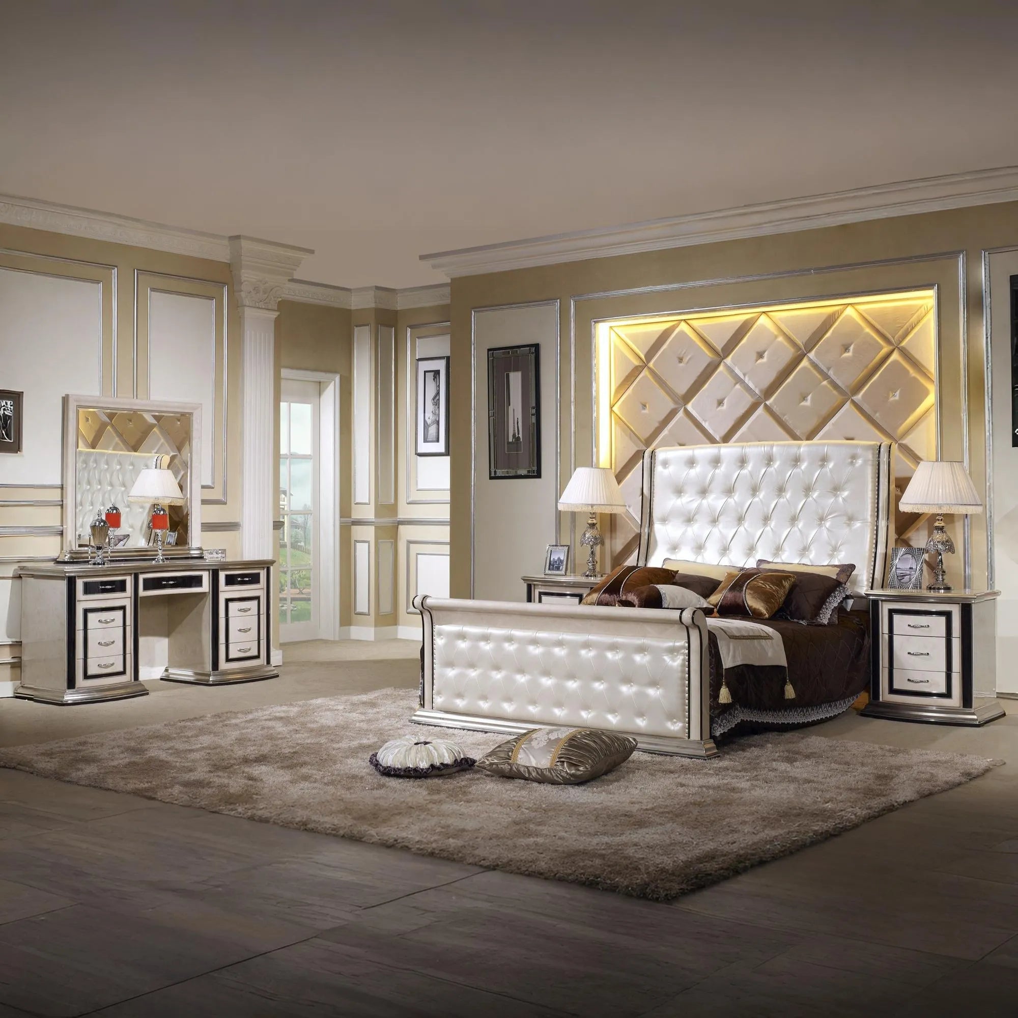 ASHTON HEADBOARD + FOOTEND WITH MIRROR AND STOOL